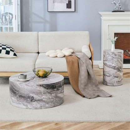 Round Coffee Table Set for 2, Modern Living Room Table Set, Faux Marble Wood Center Table Set, No Assembly Required - Ready to Use - color: 24'' Marble Gray, size: 24'' Coffee Table Set of 2