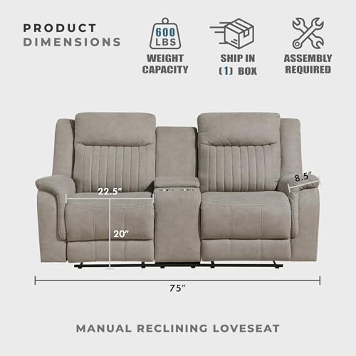 Lexicon 75" W Manual Double Reclining Loveseat with Center Console, Dove | Polished Microfiber Manual Wall Hugger Loveseat Recliner, Cup Holders, for Living Room, Tool Free Assembly - color: Dove, size: Reclining Loveseat