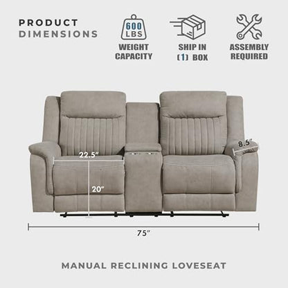 Lexicon 75" W Manual Double Reclining Loveseat with Center Console, Dove | Polished Microfiber Manual Wall Hugger Loveseat Recliner, Cup Holders, for Living Room, Tool Free Assembly - color: Dove, size: Reclining Loveseat