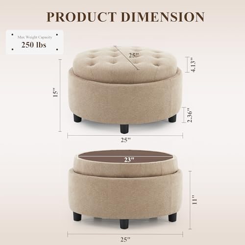 COLAMY Round Hidden Storage Ottoman with Reversible Tray Lid – Multi-Functional Footrest, Sturdy & Stylish Fabric Coffee Table for Living Room, Bedroom, or Entryway, Camel - color: Camel