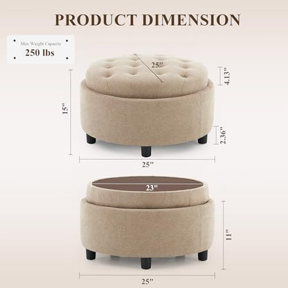 COLAMY Round Hidden Storage Ottoman with Reversible Tray Lid – Multi-Functional Footrest, Sturdy & Stylish Fabric Coffee Table for Living Room, Bedroom, or Entryway, Camel - color: Camel
