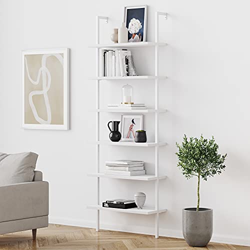 Nathan James Theo 6-Shelf Tall Modern Bookshelf, Wall Mount Ladder Shelf Bookcase with Wood and Industrial Metal Frame, Matte White - color: White, size: 1