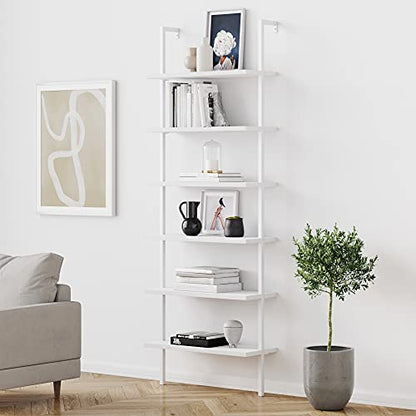 Nathan James Theo 6-Shelf Tall Modern Bookshelf, Wall Mount Ladder Shelf Bookcase with Wood and Industrial Metal Frame, Matte White - color: White, size: 1