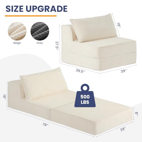 Convertible Sofa Bed, Fold Out Loveseat Sleeper Sofa Chair with Pillow, Folding Sofa Bed with Back Support, Portable Chair Bed Comfy Floor Lounge Sofa for Living Room Bedroom Guest Room, Beige - color: Beige, size: Single