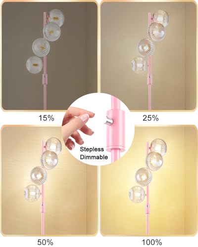 Lightdot 64IN Dimmable Floor Lamp with Globe Clear Glass Shade, Modern Pink Standing Lamps with 4PCS 3000K Bulbs Included,LED Floor Lamp with 5Lbs Heavy Base for Living Room Bedroom//Sofa Beside - color: 4 Clear Globe-Pink