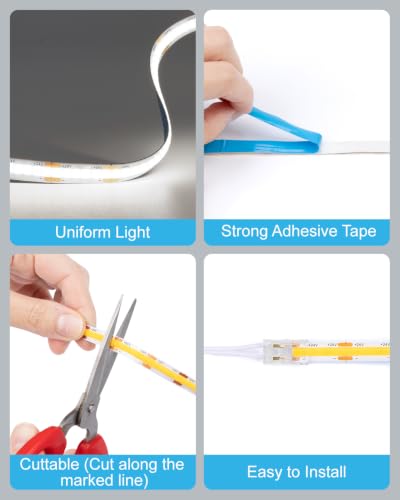 JUSJUBR Display Cabinet Lights, 32.8ft 24V Dimmable Cuttable COB LED Strip Lights, Cold White 6000K, Under Cabinet Lighting for Shelves, Bookshelves, Display Cases, Cabinets, Kitchens and Closets - color: Cold White 6000K, size: 2*16.4ft 24V COB Light