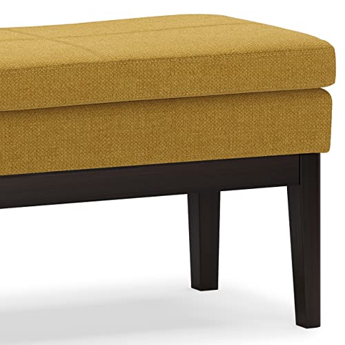SIMPLIHOME Carlson 45" Wide Vegan Leather Rectangle Ottoman in Marigold | Mid-century modern ottoman bench with a padded seat; perfect footstool, footrest or pouf for bedroom or entryway. - color: Marigold, style: Ottoman Bench