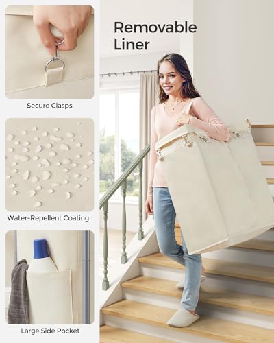 SONGMICS Laundry Basket with Wheels, 2-Section Rolling Laundry Hamper, 37 Gallons (140 L), Removable Liner, Steel Frame with Handle, 27.2 x 15.4 x 31.9 Inches, Cream White URLS004W01 - color: Cream White, size: 140 L (2-Section)