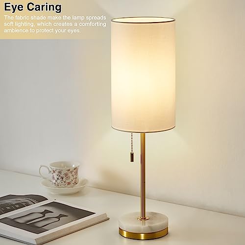 Desk Lamp & Table Lamp Set of 2, Bedside Lamps for Night Stands - Modern Small Table Lamps with Marble Base, Fabric Shade, Mini Pull Chain Bedroom Lamps for Living Room, Office, Reading (Gold) - color: Gold, White