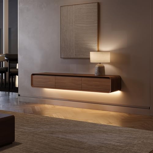 POVISON Fully Assembled Floating TV Stand with LED Lights, Modern Wall-Mounted Media Console with 3 Flip-Down Cabinet Doors, Floating Entertainment Center for 55 Inch TV - color: Walnut, size: 62.99"