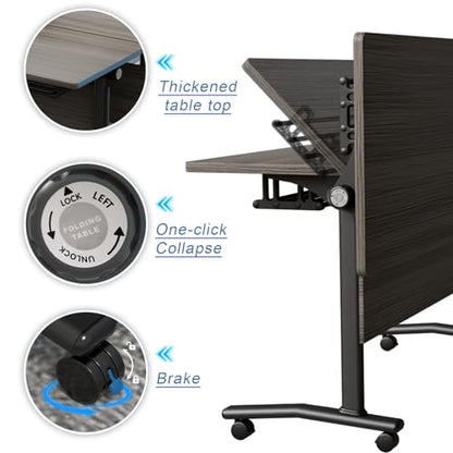 Folding Conference Table with Wheels, Flip Top Folding Conference Room Table for 2-12 Person, Mobile Training & Meeting Room Table, Modular Nesting Office Boardroom Desk with Lockable Casters - color: Elm, size: 61in