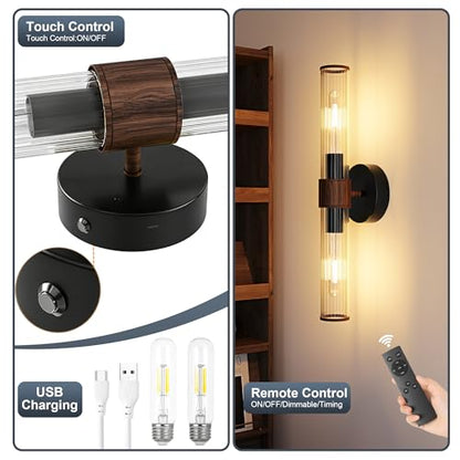 Morauroral Black Walnut Battery Operated Wall Sconces Set of 2, Rechargeable Wall Lights with Remote, 20 Inch Modern Wireless Wall Lamp for Bedroom, Living Room with White Shade (Bulbs Included) - color: Black Walnut