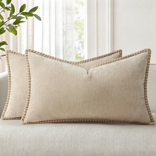 decorUhome Soft Chenille Throw Pillow Covers 12x20 Set of 2 Beige | Fall Textured Decorative Throw Pillow Cases Stitched Edge Modern Farmhouse Luxury Boho Velvet for Couch Sofa Bed Home Decor - color: Beige, size: 20" x 12" (Pack of 2)