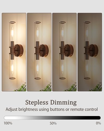 Rayogale Walnut Wireless Battery Operated Wall Sconces with Remote Control | Glass Rechargeable Wall Lights Set of 2 with Timer Function Dimmable for Living Room Bedroom Emergency 3000K, 20.5 Inch - color: Walnut(Clear Tubular Lampshade)