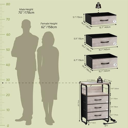 runjuly End Tables Set of 2 with Charging Station, LED Light, Hooks, Greige | 3 Large Fabric Drawers, USB C Ports & Power Outlets, Metal Night Stand Pair, Storage Nightstand for Living Room / Bedroom - color: Greige, style: Larger+Taller Set of 2