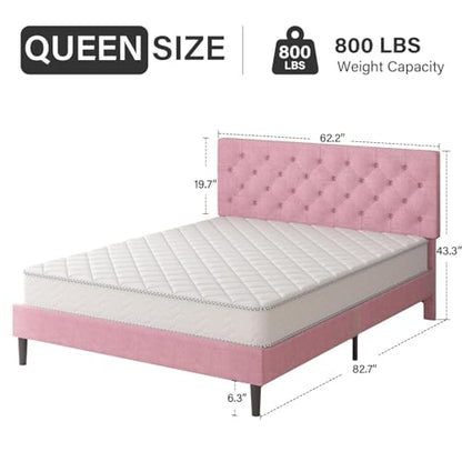 HOMBCK Queen Bed Frame, Pink Upholstered Bed Frame Queen with Headboard, Wood Slats Support, Linen Fabric, Button Tufted Design, No Box Spring Needed, Pink - color: Pink, size: Queen