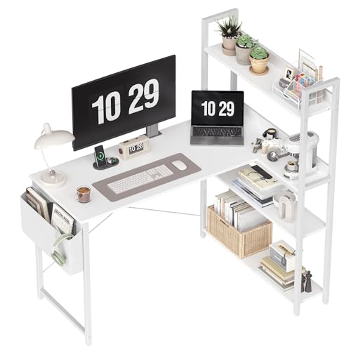 Treesland 47 Inch Computer Desk with Bookshelf, Corner Desk with Storage, L Shaped Desk, Home Office Desks, Writing Study Desk for Bedroom, White - color: White, size: 47 inch