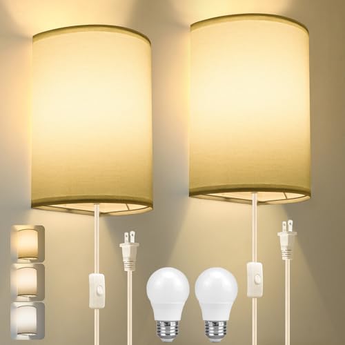 Plug in Wall Sconce, Industrial Wall Lamp with Plug in Cord | 3 Color Set of Two, Rustic Fixture, On/Off Switch Vintage Wall Light Fixture for Headboard Bedroom Porch (white) - color: White