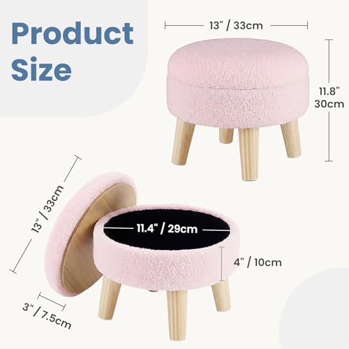 DUMOS Round Storage Ottoman with Reversible Tray Lid, Multi-Functional Footrest, Teddy Velvet Footstool with Wood Legs, Small Coffee Table for Living Room, Bedroom, Pink - color: Pink