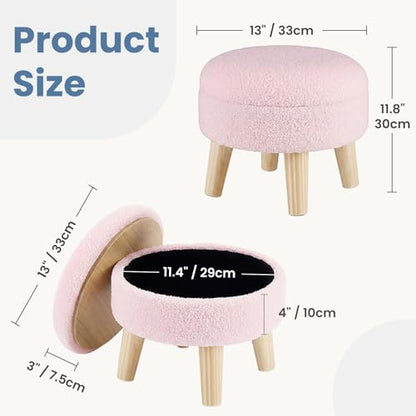 DUMOS Round Storage Ottoman with Reversible Tray Lid, Multi-Functional Footrest, Teddy Velvet Footstool with Wood Legs, Small Coffee Table for Living Room, Bedroom, Pink - color: Pink