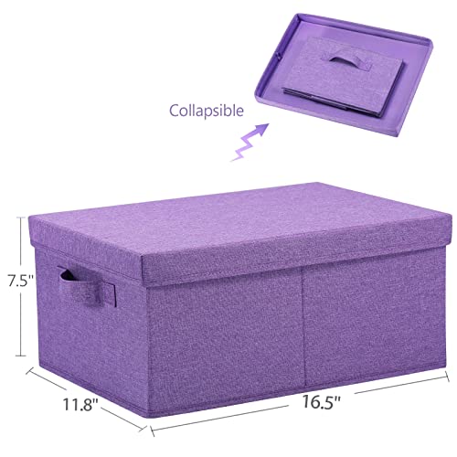 HOONEX Foldable Storage Bins with Lids, Pack of 2, Storage Boxes with 2 Carrying Handles and Sturdy Heavy Cardboard, 16.5" L x 11.8" W x 7.5" H for Shoes, Books, Clothes, Purple - color: Purple