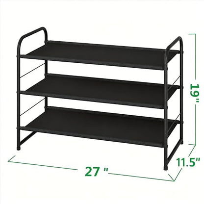 Ekisemio 3-Tier Stackable Shoe Rack – Expandable & Adjustable Fabric Shoe Organizer, Space-Saving for Closet, Black - size: 11.5"D x 27"W x 19"H
