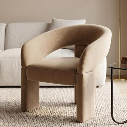 LukeAlon Mid Century Modern Velvet Accent Chair – Round Barrel Back Armchair, Comfy Upholstered Lounge Chair for Living Room, Bedroom, Office, Waiting Rooms, Khaki