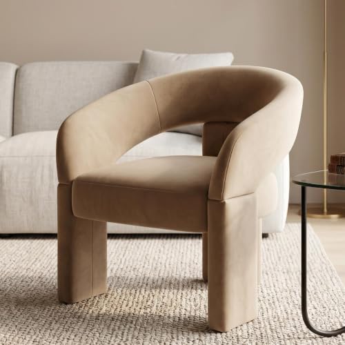 LukeAlon Mid Century Modern Velvet Accent Chair – Round Barrel Back Armchair, Comfy Upholstered Lounge Chair for Living Room, Bedroom, Office, Waiting Rooms, Khaki