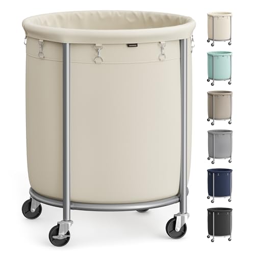 SONGMICS Laundry Basket, Rolling Steel Frame with 2 Locking Wheels, 190 L | Heavy-Duty Laundry Hamper Cart with Removable Bag, White and Metallic Silver, URLS01MZ - color: Cream White + Metallic Silver, size: 190 L (1-Section)