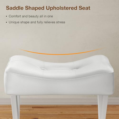 18-Inch Leather Vanity Stool Chair, White Makeup Stool | Vanity Bench, Metal X-Leg, Ottoman Accent Stool, Thick Padded Saddle Seat, 300 LBS, 16.3"x12.4"x18", For Living Room, Bedroom - size: Small, style: White Leather