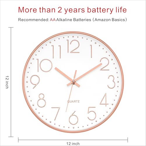 Foxtop 12" Modern Wall Clock Silent Battery Operated Rose Gold Clock | Non Ticking, Quartz, Round, Analog, Easy to Read, Bedroom, Kitchen, Living Room, Office - color: Rose Gold, size: 12 Inch Quartz