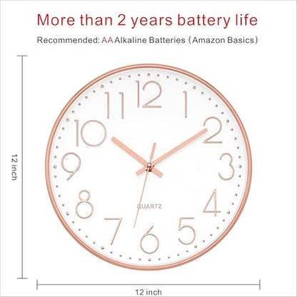 Foxtop 12" Modern Wall Clock Silent Battery Operated Rose Gold Clock | Non Ticking, Quartz, Round, Analog, Easy to Read, Bedroom, Kitchen, Living Room, Office - color: Rose Gold, size: 12 Inch Quartz