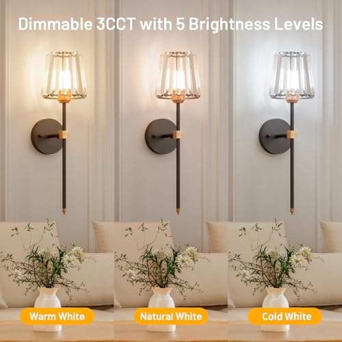 Crystal Battery Operated Wall Sconces Set of 2, Black and Gold Rechargeable Wireless Wall Lights with Crystal Lampshade, 12 RGB and 3CCT Dimmable Wall Lamps with Remote for Bedroom Living Room Hallway - color: Black and Gold