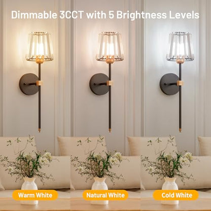 Crystal Battery Operated Wall Sconces Set of 2, Black and Gold Rechargeable Wireless Wall Lights with Crystal Lampshade, 12 RGB and 3CCT Dimmable Wall Lamps with Remote for Bedroom Living Room Hallway - color: Black and Gold