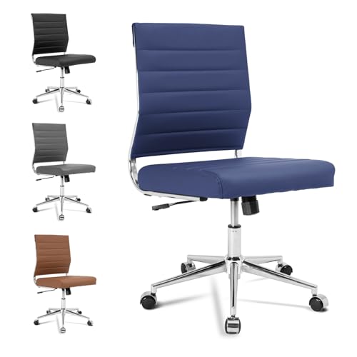 Okeysen Armless Office Desk Chair, Mid Back Ergonomic Swivel Conference Room Chair, Adjustable Height PU Leather Home Desk Chair, Modern Small Rolling Computer Task Chair, Navy Blue - color: Navy Blue