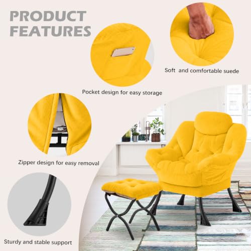 Lazy Chair with Folding Ottoman,Leisure Sofa Chair,Soft Fabric Armchair with Armrests and Side Pockets, Reading Chair with Footrest for Living Room, Bedroom, Office (Plush Yellow) - color: Plush Yellow