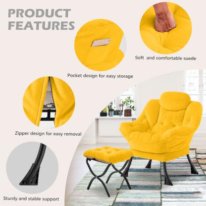 Lazy Chair with Folding Ottoman,Leisure Sofa Chair,Soft Fabric Armchair with Armrests and Side Pockets, Reading Chair with Footrest for Living Room, Bedroom, Office (Plush Yellow) - color: Plush Yellow