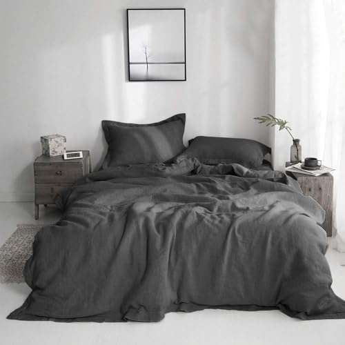 Simple&Opulence 100% Linen Duvet Cover Set with Embroidery Border Washed - 3 Pieces (1 Duvet Cover with 2 Pillow Shams) with Button Closure Soft Breathable Farmhouse - Dark Grey, Full Size - color: Dark Grey, size: Full
