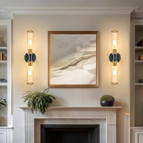 Rayogale Black & Gold Wireless Battery Operated Wall Sconces with Remote | Glass Rechargeable Wall Lights Set of 2 with Timer Function Dimmable for Living Room Bedroom Emergency 3000K, 20.5 Inch - color: Black Gold(Clear Tubular Lampshade)