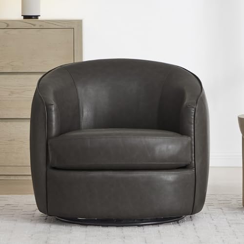 CHITA Leather Barrel Swivel Accent Chair, Wood Frame, Fully Assembled, Grey | Modern Armchair with FSC Certified Wood Frame, Living Room Chair for bedroom & office, 31.5"Dx32.3"Wx28.7"H, 350 Lbs Capacity - color: Grey - Faux Leather