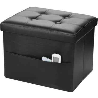 Bsketa Storage Ottoman Bench,16 Inch Folding Leather Foot Rest Stool, Black | Small Ottoman with Side Pockets, Thicker Foam Padded Seat, Livingroom, Dorm, Bedroom, Easy to install, 38L,16x12x12in - color: Black-with Side Pockets...