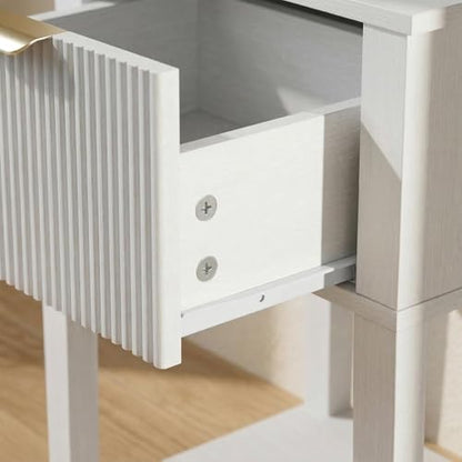 FuniXpress Small Nightstand, 15" Wide, Drawer and Shelf, White Fluted Front | Bright white tone, clean fluted front, 11.8-inch slim depth, smart storage, keeps small rooms light and organized - color: White