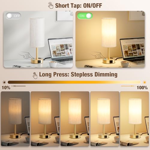 Gold Touch Bedside Lamp for Bedroom, Stepless Dimmable, USB A+C, AC Outlet | Base Touch Button Only, Memory Brightness, Ultra-dim Night Light, Included Bulb for Optimal Dimming, Cream Fabric Shade, Desk - color: Beige & Gold