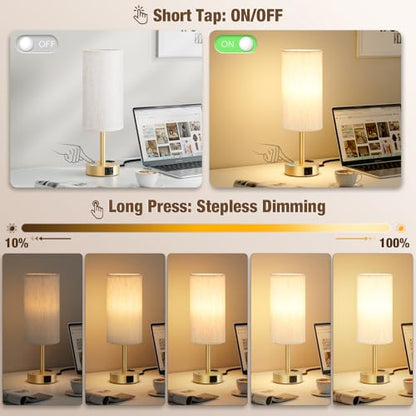 Gold Touch Bedside Lamp for Bedroom, Stepless Dimmable, USB A+C, AC Outlet | Base Touch Button Only, Memory Brightness, Ultra-dim Night Light, Included Bulb for Optimal Dimming, Cream Fabric Shade, Desk - color: Beige & Gold
