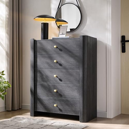 IFGET Modern 5 Drawer Dresser for Bedroom, Wooden Chest of Drawers with Curved Profile Design, 39.6" Tall Wood Dresser with Golden Metal Handle for Bedroom, Living Room, Hallway, Dark Grey