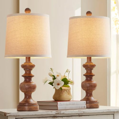 Farmhouse Table Lamp Set of 2, Rustic Table Lamps for Living Room Bedroom, 22" Mid Century Modern Desk Lamp Bedside Nightstand Lamps with Linen Tapered Drum Shades, Wood Grain - color: Wood Grain