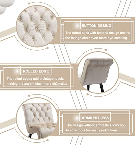 Comfy Velvet Accent Chair, Tufted Armless Side Chair with Rolled Edge | Modern Small Lounger for Living Room, Upholstered Reading Chaise Lounge with Solid Rubber Wood Legs, Beige - color: Beige, size: Set of 1