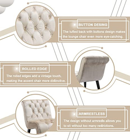 Comfy Velvet Accent Chair, Tufted Armless Side Chair with Rolled Edge | Modern Small Lounger for Living Room, Upholstered Reading Chaise Lounge with Solid Rubber Wood Legs, Beige - color: Beige, size: Set of 1