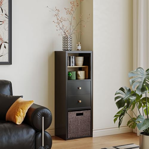 IRONMIX Metal 3 Cube Storage Organizer, Short Black Bookshelf with Storage Cabinet, Narrow Nightstands, Modern Cube Storage Shelf Slim Bedside Table for Small Places, Living Room, 15 min Assembly