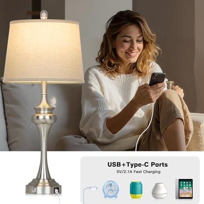 Rinweey 30 inch Silver Table Lamp Single, 3 Way Touch Control Bedside Lamp with USB A+C Ports, Modern Brushed Nickel Bedroom Lamps for Nightstand, Tall Metal Living Room Lamps for Side Table Office - color: Silver-30"H-1PK